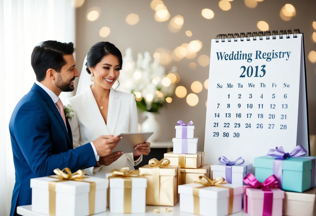 A couple discussing wedding registry items while surrounded by gifts and a calendar marking the date of the wedding