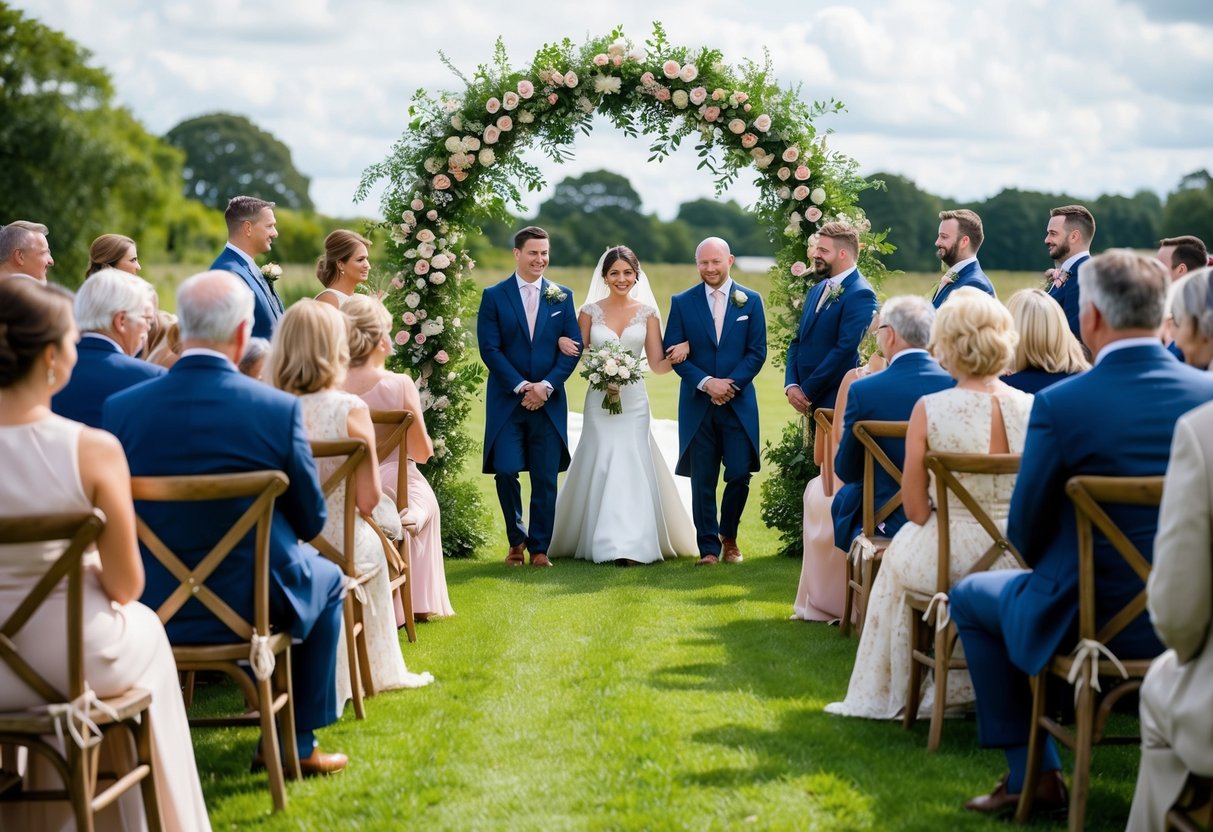 A traditional English countryside wedding ceremony with a floral arch and guests seated on wooden chairs
