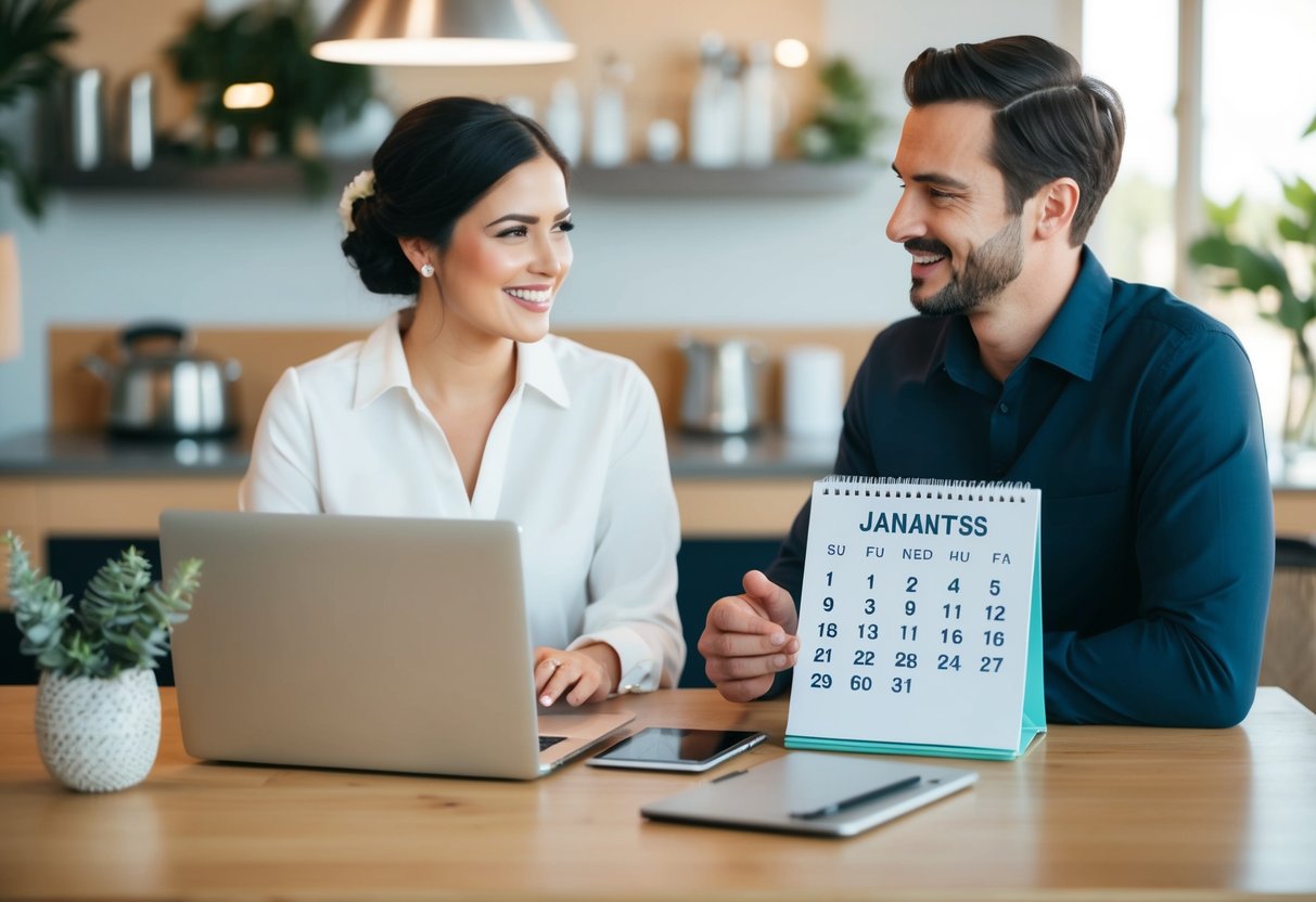 A couple sits at a table with a laptop and a calendar, discussing and finalizing their wedding registry. The calendar shows a date several months in the future