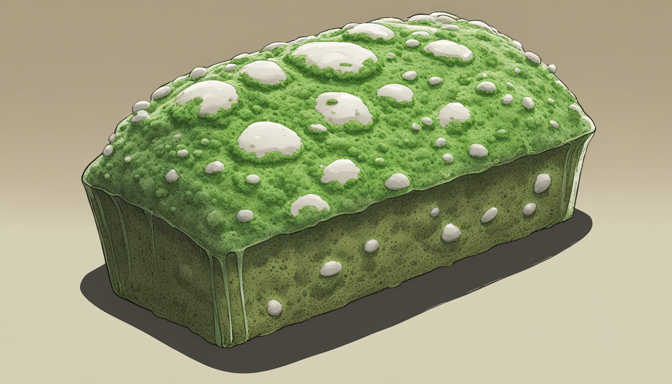 A loaf of Dave's Killer Bread covered in green and white mold, with visible spores and a musty smell