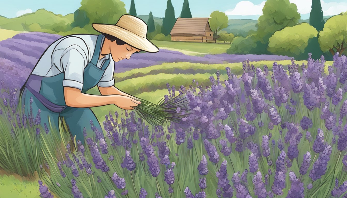 A person plucks fresh lavender flowers from a garden, examining them for edibility and safety