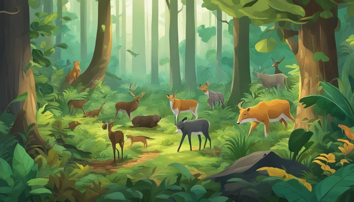 A lush forest with various species of leaves, some being consumed by animals, while others decompose on the forest floor