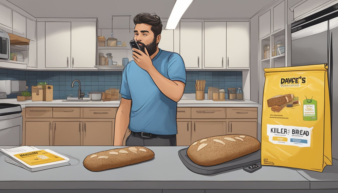 A loaf of moldy Dave's Killer Bread sits on a kitchen counter, surrounded by caution signs and a concerned person holding a phone