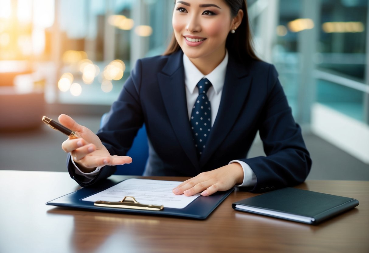 A registrar gestures for information and holds out a pen