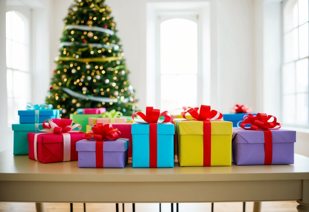 A table covered with gifts, wrapped in colorful paper and adorned with ribbons, sits in a bright, airy room
