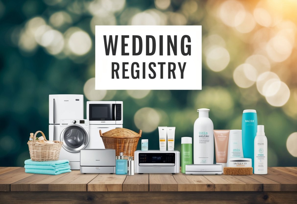 A wedding registry with items like household appliances, electronics, and personal hygiene products