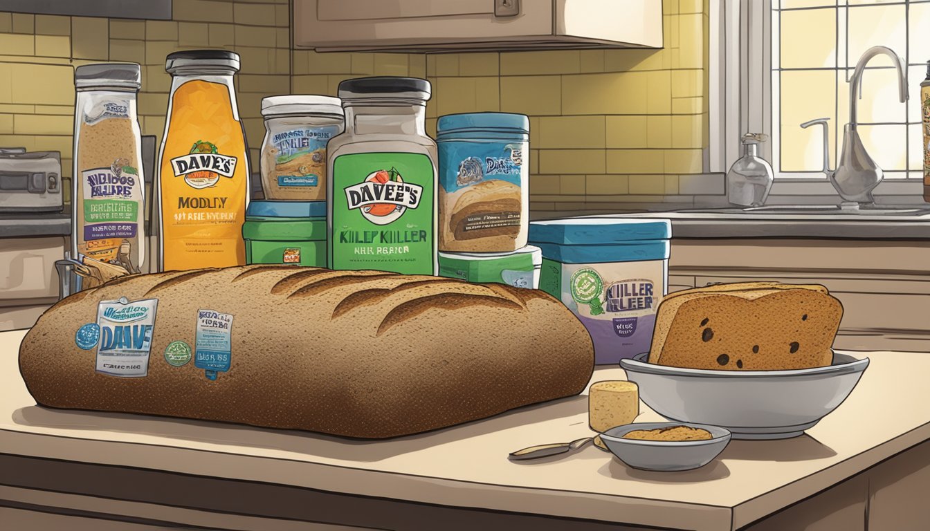 A loaf of moldy Dave's Killer Bread sits on a kitchen counter, surrounded by other bread products