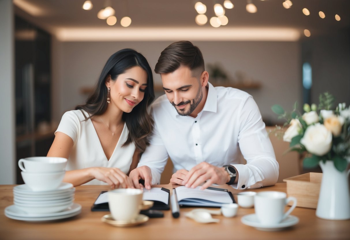 A couple carefully selecting items for their wedding registry, avoiding inappropriate choices