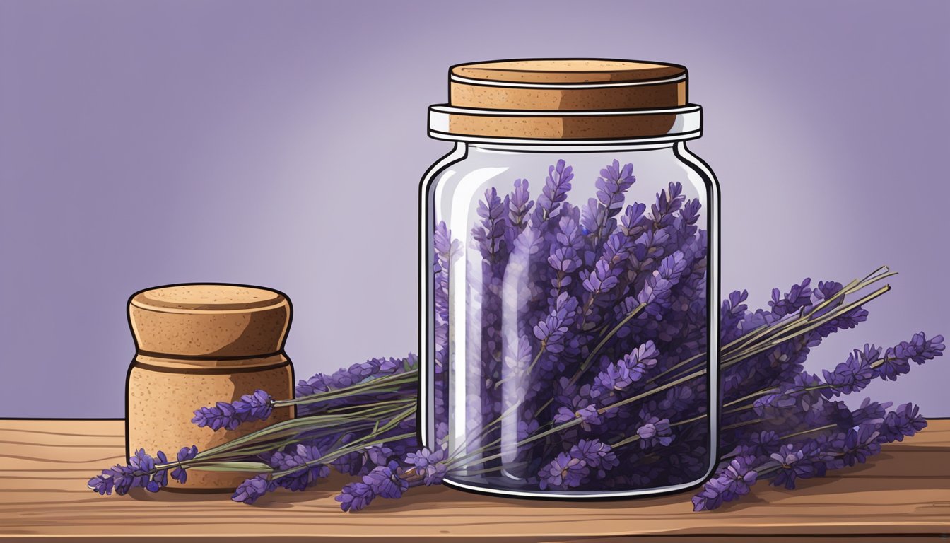 A glass jar filled with dried lavender flowers, sealed with a cork stopper, sitting on a rustic wooden shelf