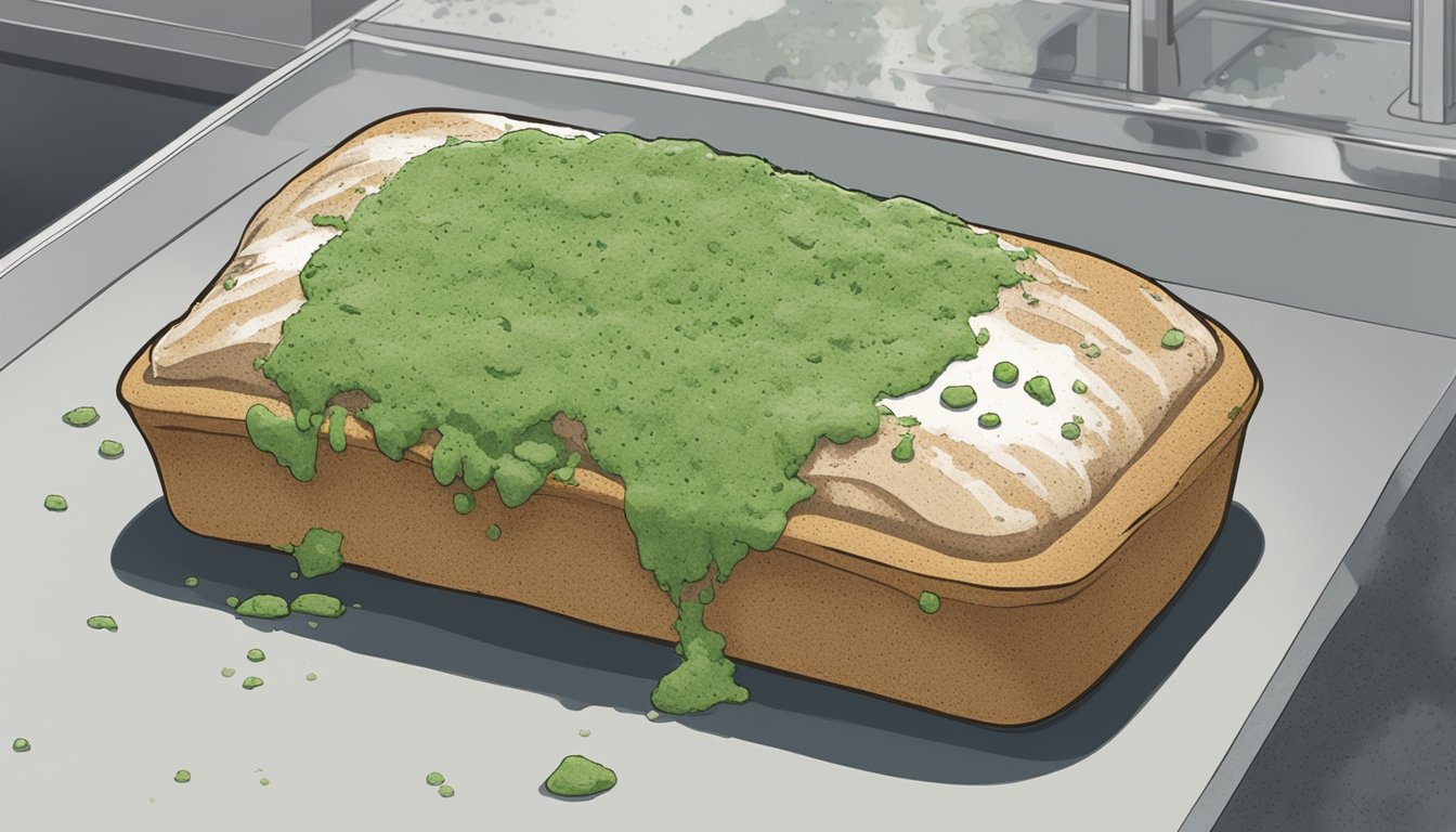 A loaf of Dave's Killer Bread sits on a clean kitchen counter, surrounded by a few crumbs. The bread is partially covered in green mold, with a few spots of white fuzz