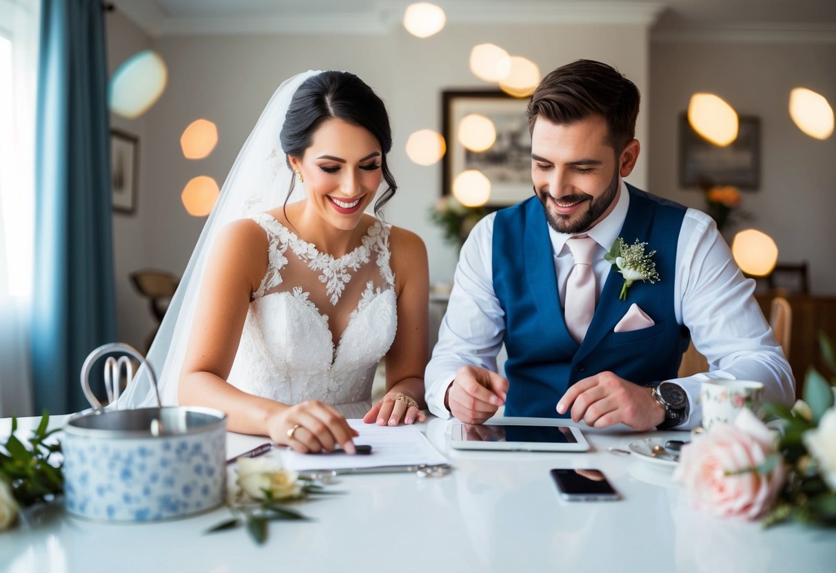 A bride and groom sit together at a table, carefully selecting items for their wedding registry online. The room is filled with excitement and anticipation for their upcoming celebration