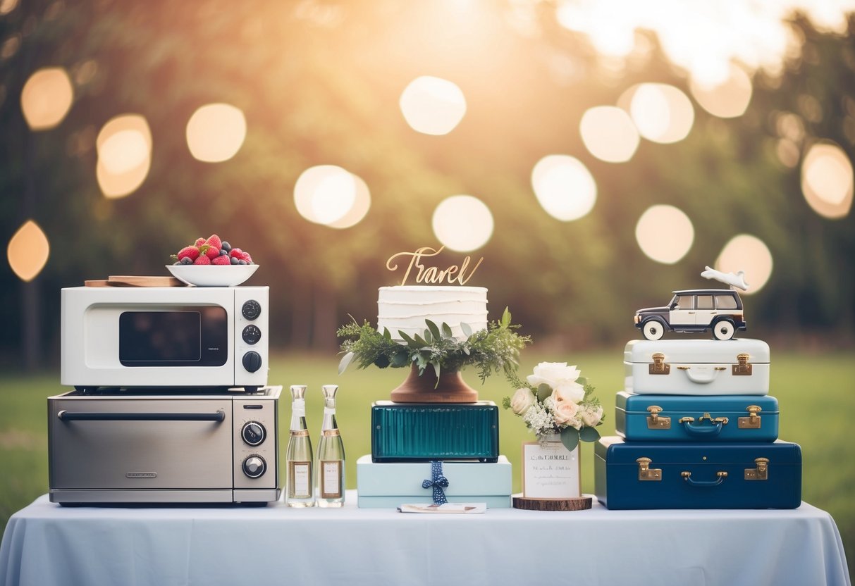 A wedding registry with items like kitchen appliances, home decor, and travel experiences