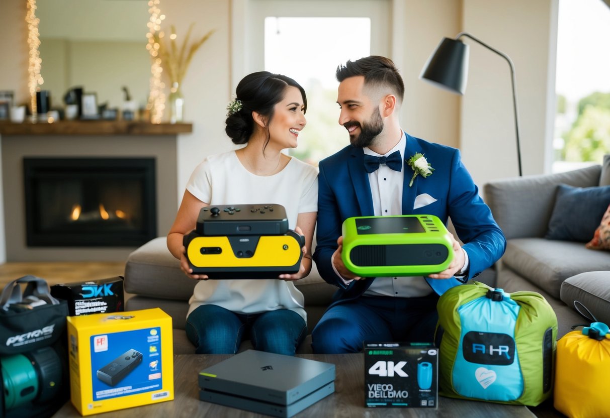 A couple receiving unusual and modern items, such as video game consoles, camping gear, and high-tech gadgets, as wedding gifts