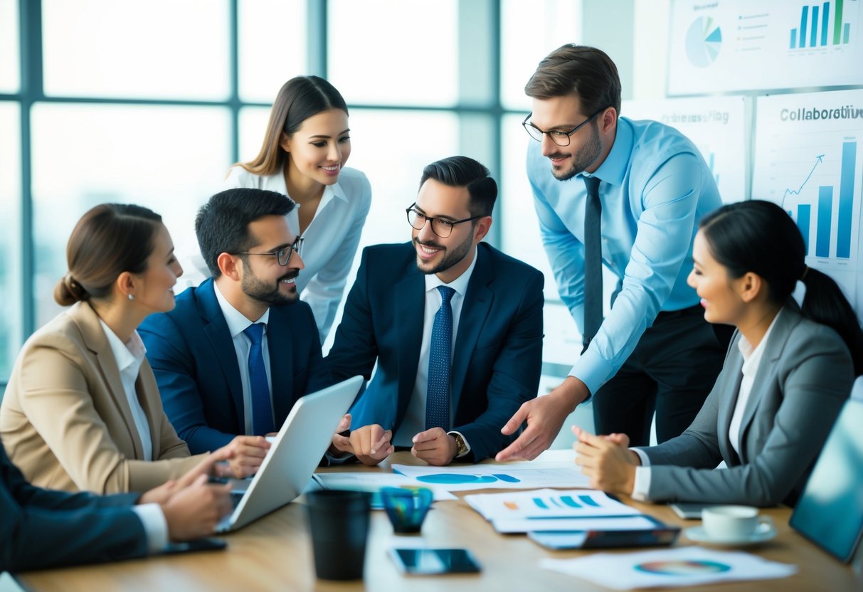 A group of professionals engaging in discussion and brainstorming, surrounded by charts and graphs, with a focus on collaboration and growth