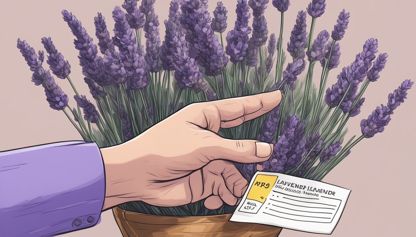 A hand reaching for lavender flowers with a nutrition label in the background