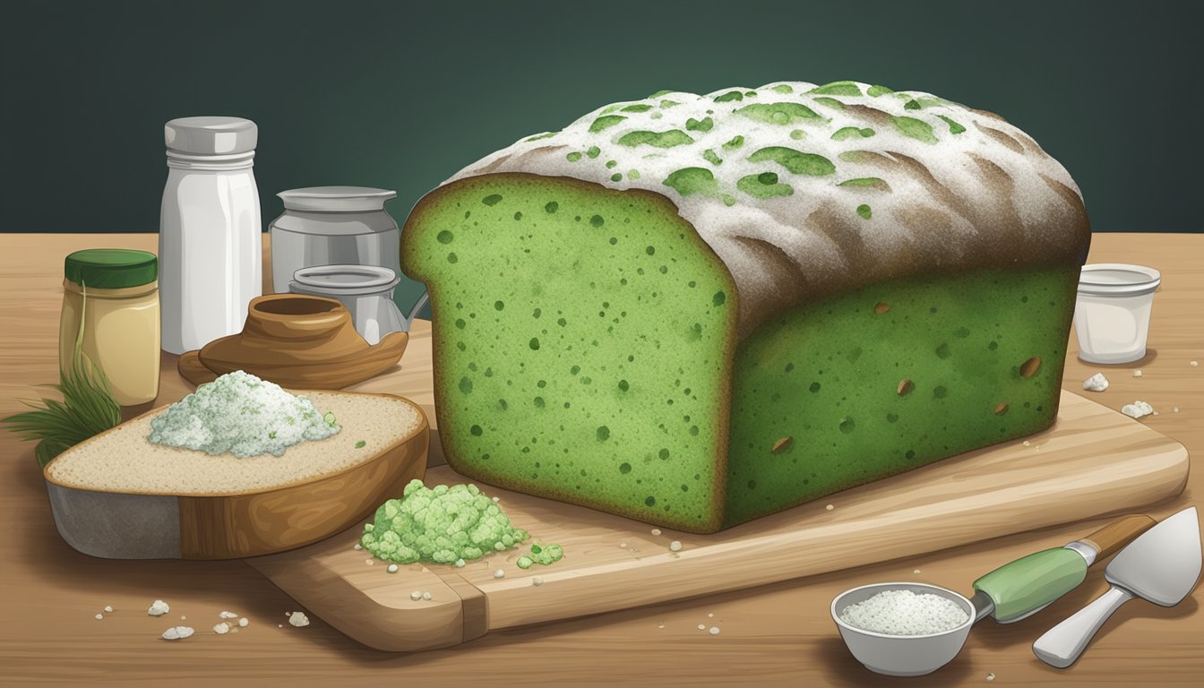 A loaf of moldy bread sits on a wooden cutting board, surrounded by various kitchen items. The bread is covered in green and white mold, with a few crumbs scattered around it