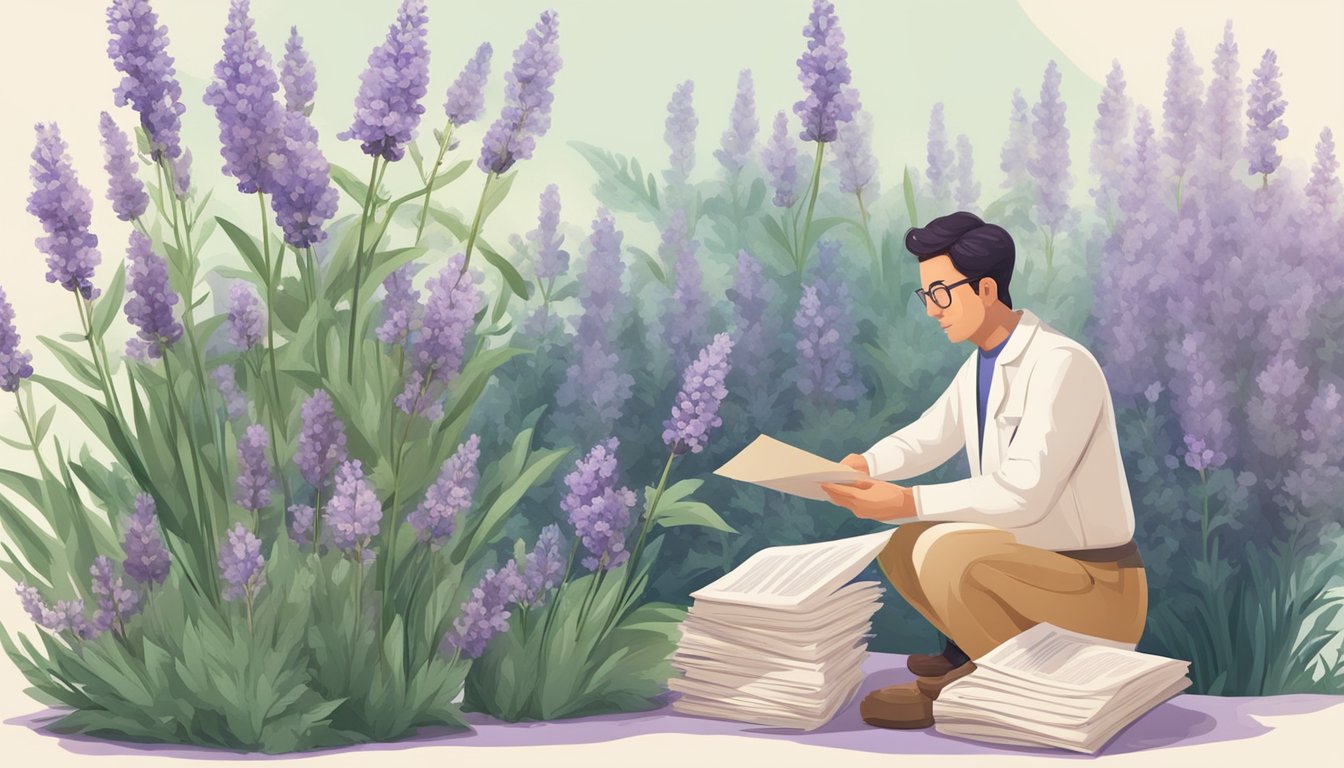 A serene garden with blooming lavender flowers, a researcher examining the plant, and a stack of scientific papers on therapeutic benefits