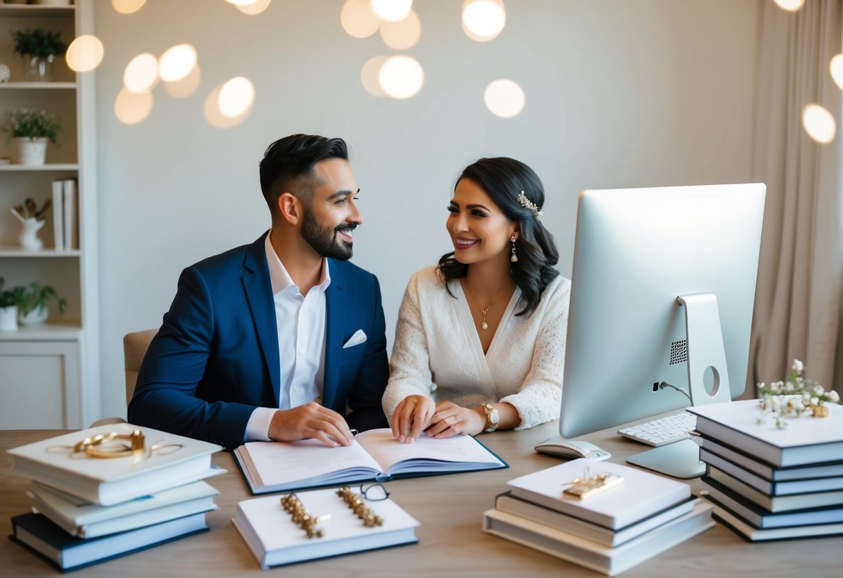 A couple sitting together, surrounded by wedding planning books and a computer, discussing their registry and wedding details