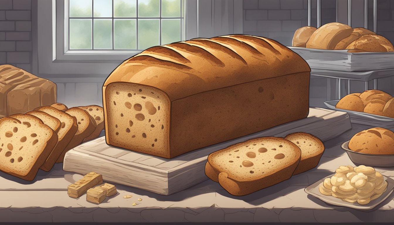 A loaf of Dave's Killer Bread with visible mold growing on the surface, surrounded by various types of bread in a bakery setting