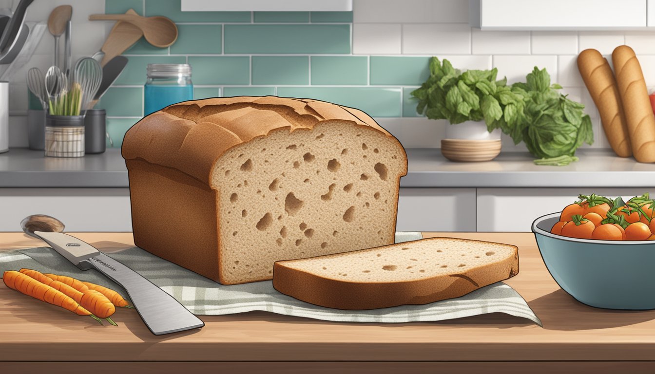 A loaf of Dave's Killer Bread sits on a clean, well-lit kitchen counter, surrounded by fresh ingredients and a knife. No mold is visible on the bread