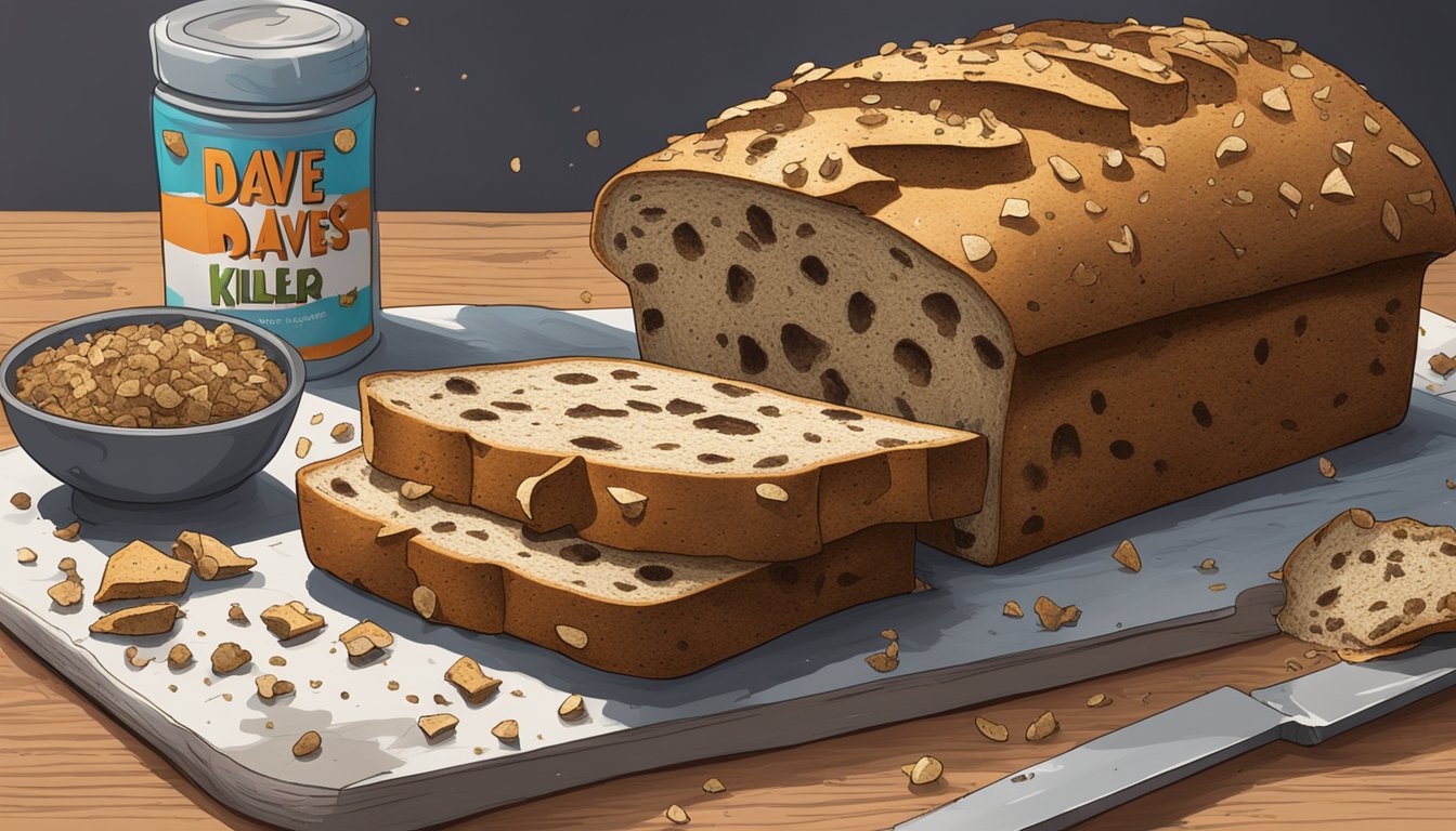 A loaf of moldy Dave's Killer Bread sits on a cutting board, surrounded by discarded slices and crumbs