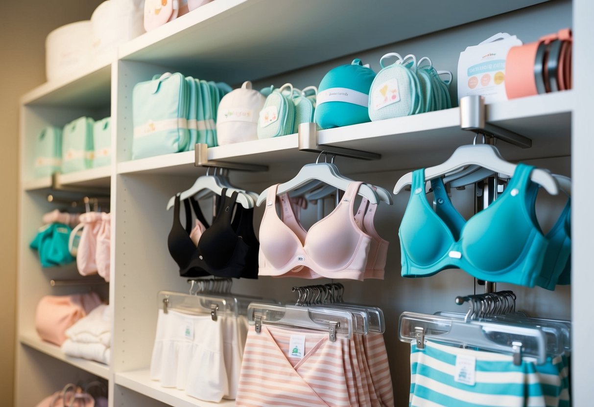 A registry with a selection of nursing bras in various sizes and styles, displayed on a shelf with other baby-related items