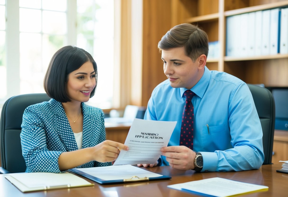 A person at a government office, holding a marriage application form and asking an official about the required documents