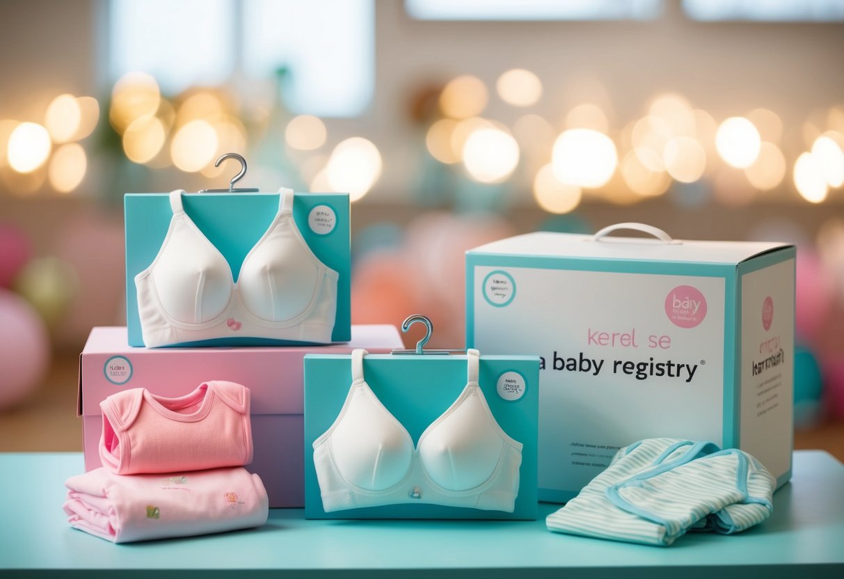 A baby registry with nursing bras displayed next to baby clothes and accessories