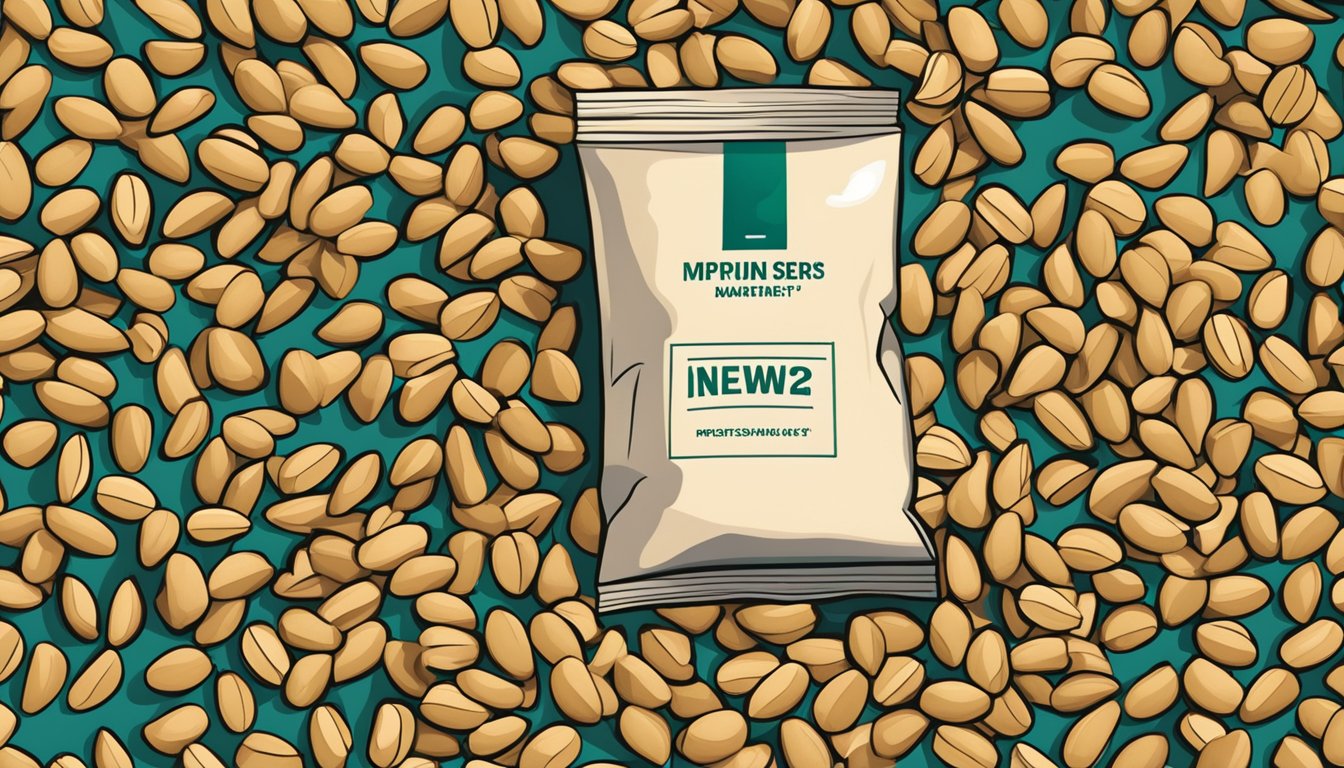 A pile of pine nuts spilling out of an open, expired package, with a question mark hovering above them