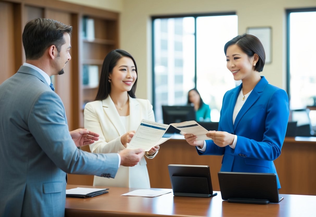 A couple stands at a government office counter, holding out their identification documents to a clerk. The clerk reviews the paperwork and nods, indicating approval