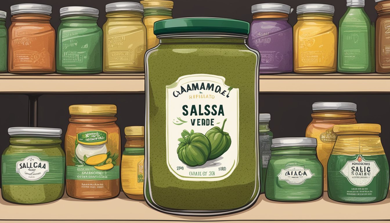 A jar of salsa verde sits on a kitchen shelf, surrounded by other condiments. The expiration date on the label is clearly visible