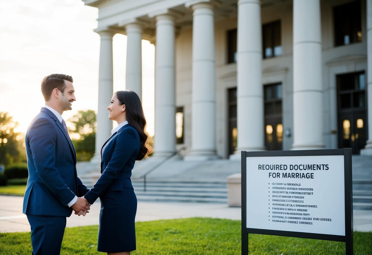 A couple standing in front of a courthouse, holding hands and looking at a sign listing required documents for marriage