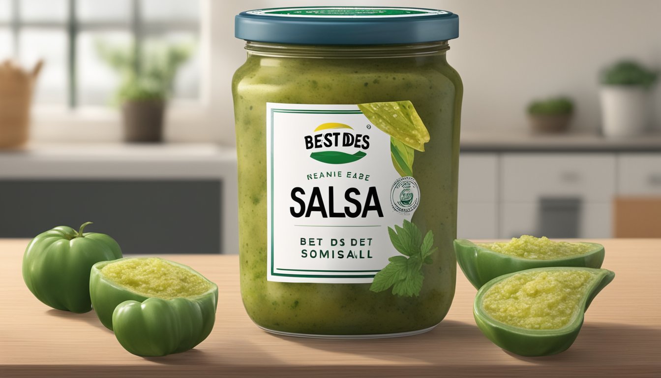 A jar of salsa verde with visible mold and discoloration, sitting next to a "best by" date that has passed