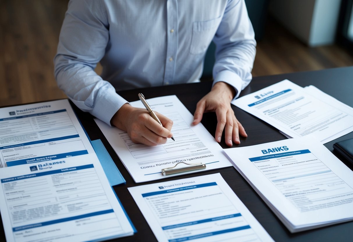 A person filling out forms, surrounded by various official documents and contact information for banks, insurance companies, and government agencies