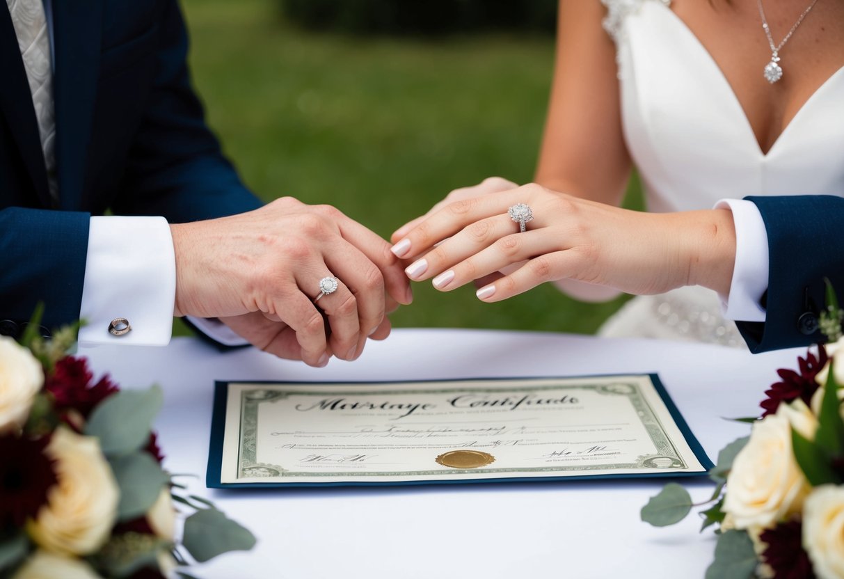 A couple's hands exchanging wedding rings on a table with flowers and a marriage certificate