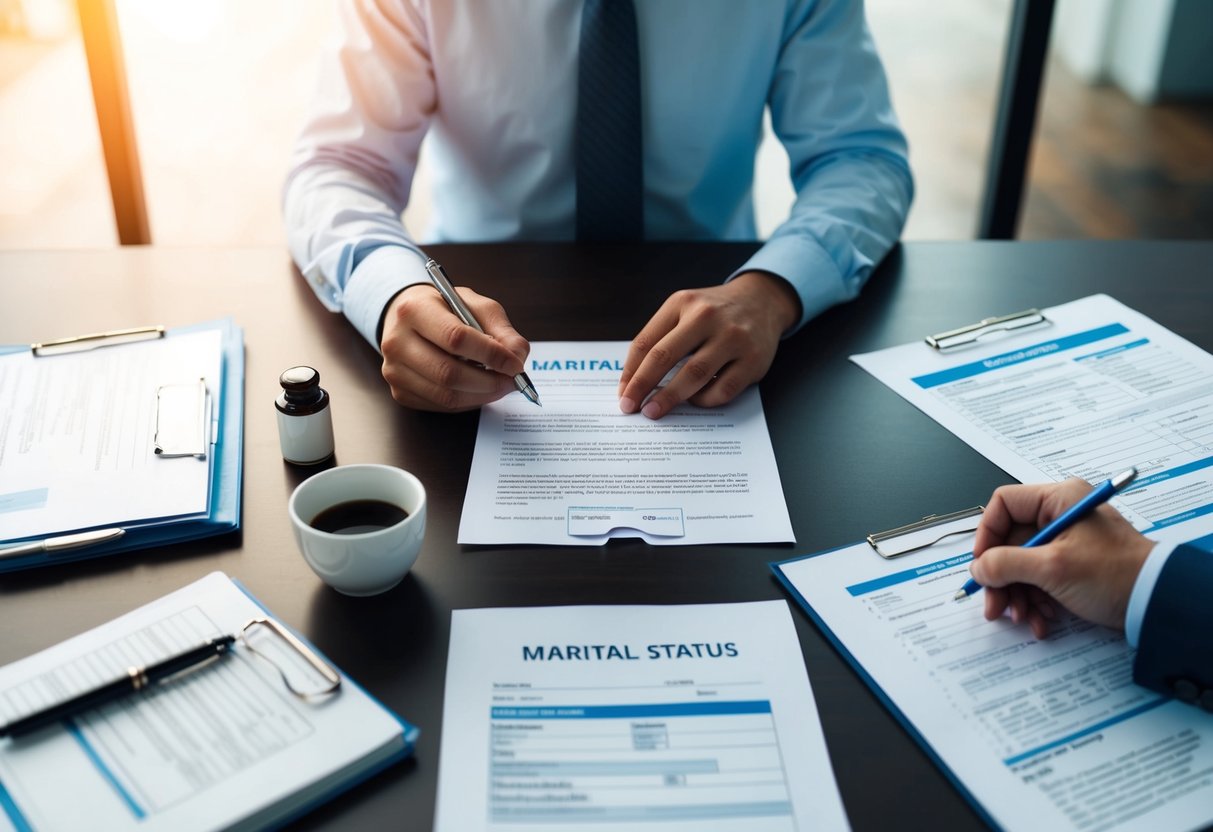 A person updating their marital status on various forms and documents, such as insurance policies, benefits enrollment forms, and HR records