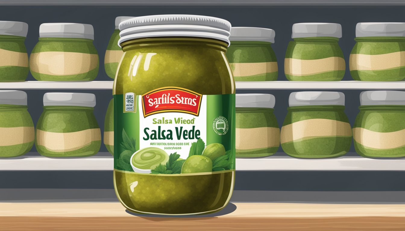 A jar of salsa verde sits on a shelf, away from direct sunlight and heat. The lid is tightly sealed, and the expiration date is clearly visible