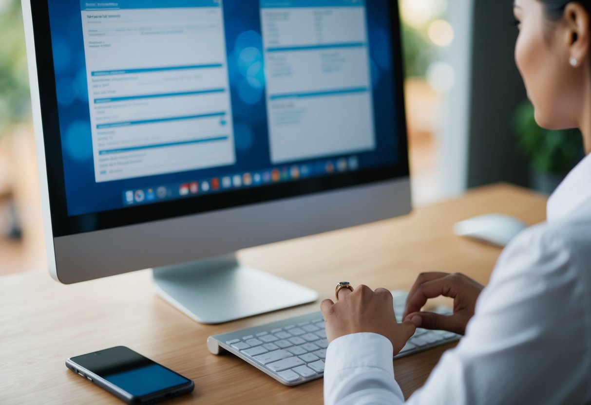 A person updating their personal information on a computer, with a wedding ring on their finger