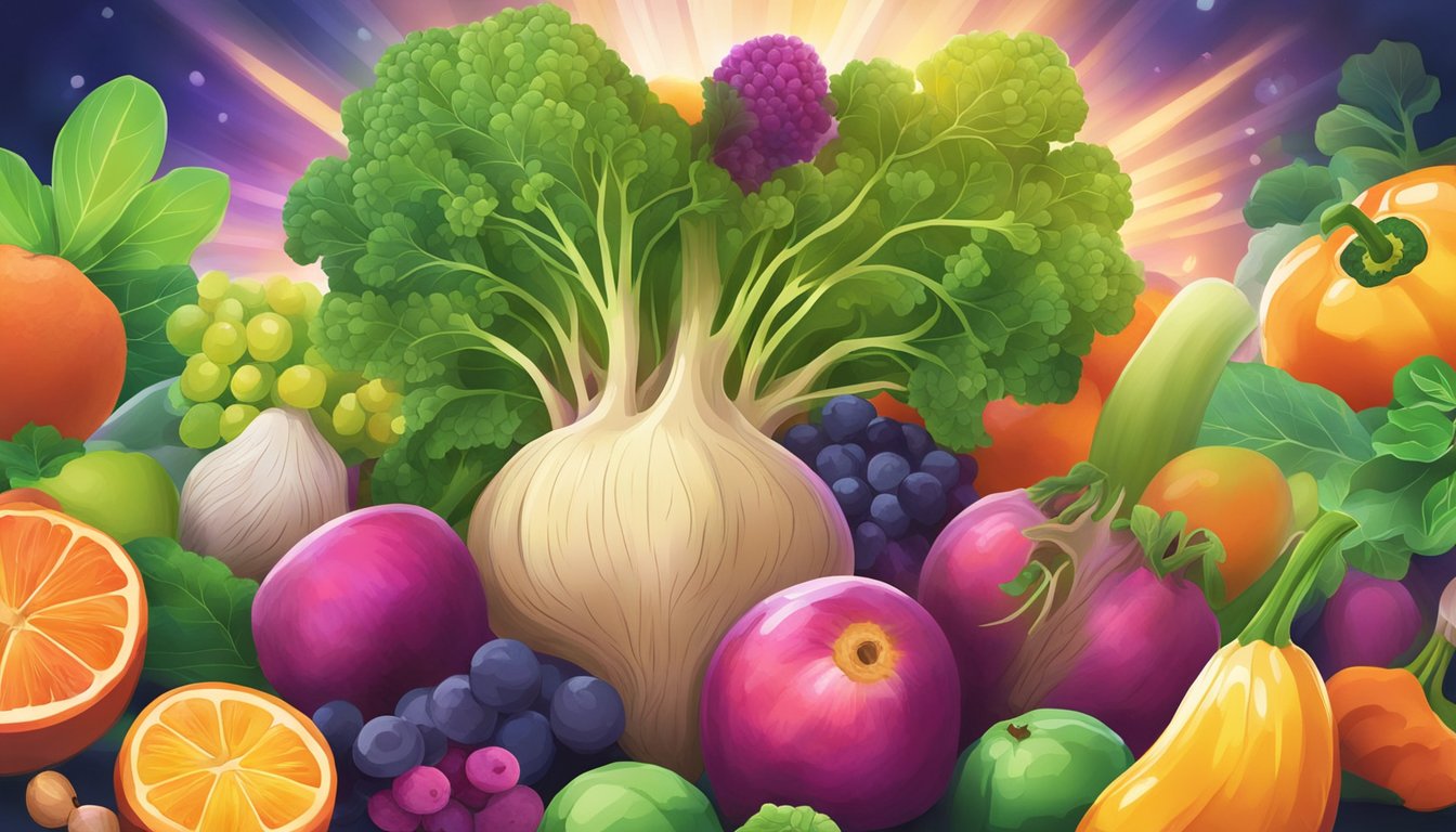 A colorful illustration of maca root surrounded by vibrant fruits and vegetables, with a glowing aura symbolizing health benefits