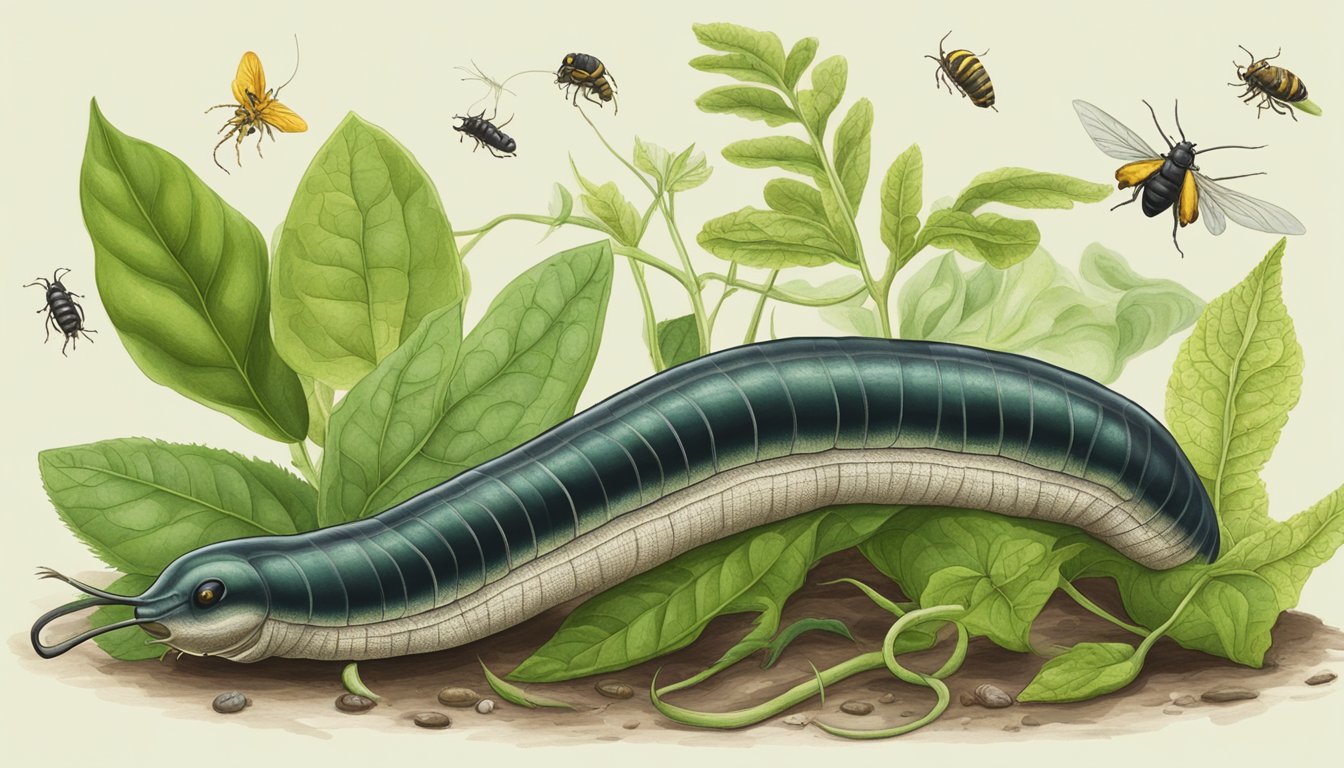 A leech crawling on a leaf, surrounded by various plants and insects