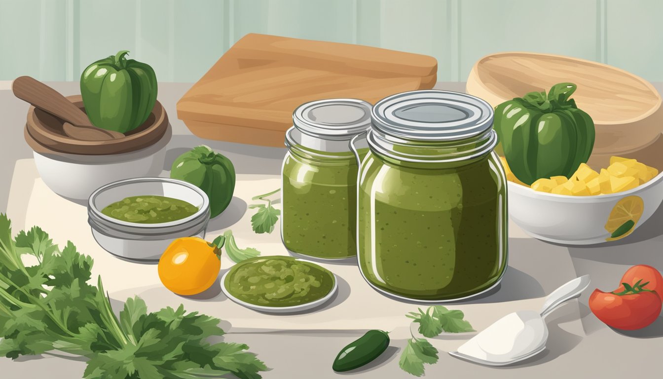 A jar of expired salsa verde sits on a kitchen counter, surrounded by fresh ingredients and cooking utensils