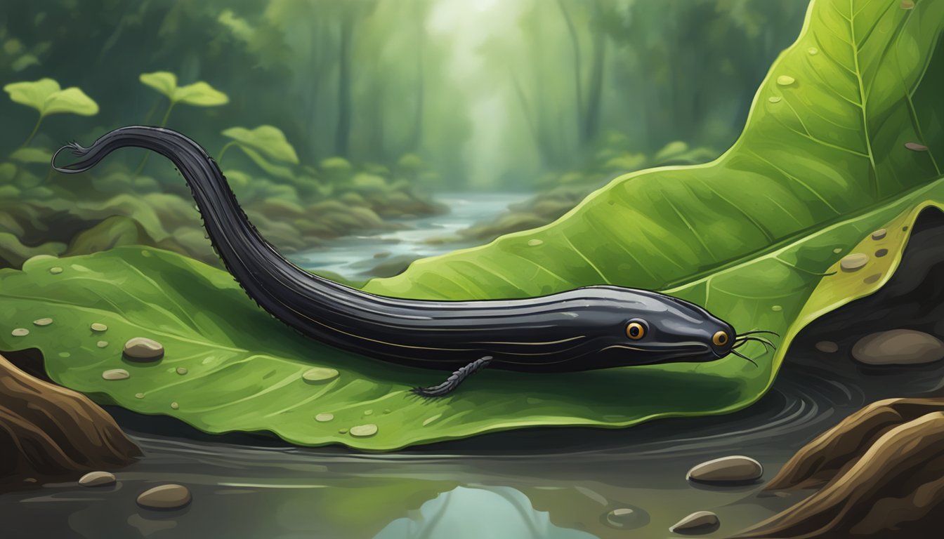 A leech on a leaf, surrounded by stagnant water and mud