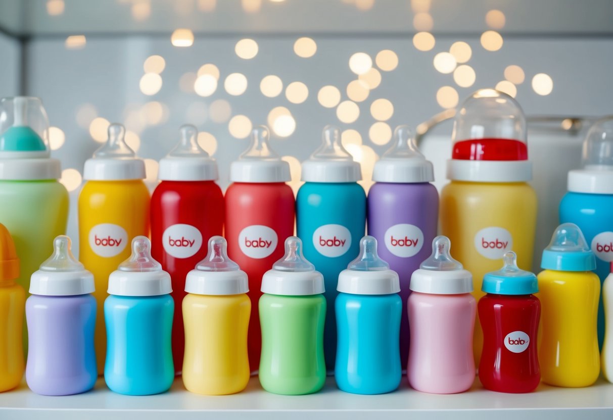 A colorful array of baby bottles displayed on a pristine white shelf