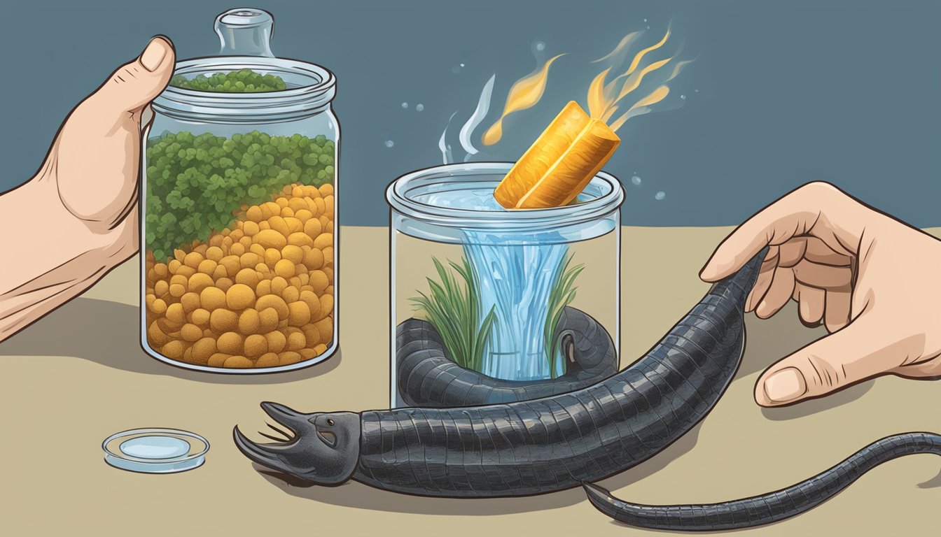 A hand reaches into a container of water, holding a leech. Another hand prepares a fire for cooking