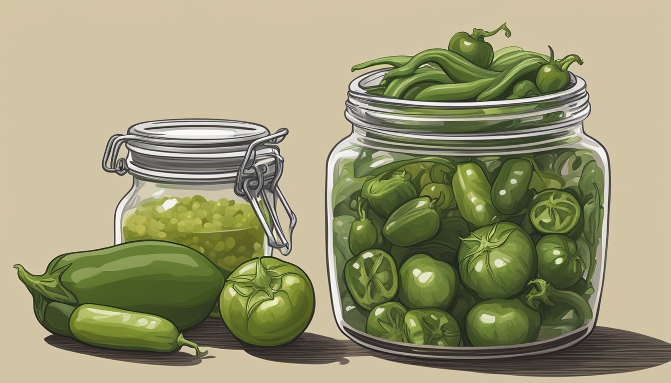 A jar of expired salsa verde next to a pile of fresh tomatillos and serrano peppers