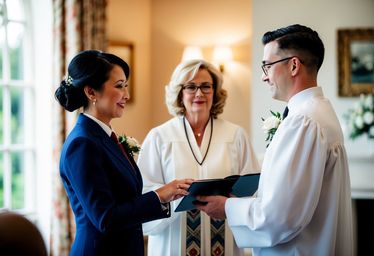 A registrar officiates a wedding ceremony in a decorated room