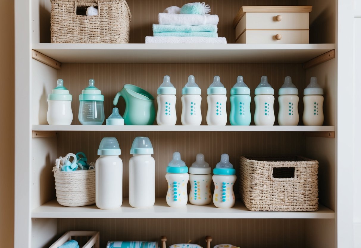 A cozy nursery with shelves displaying baby bottles, pacifiers, and other essential items for a baby registry