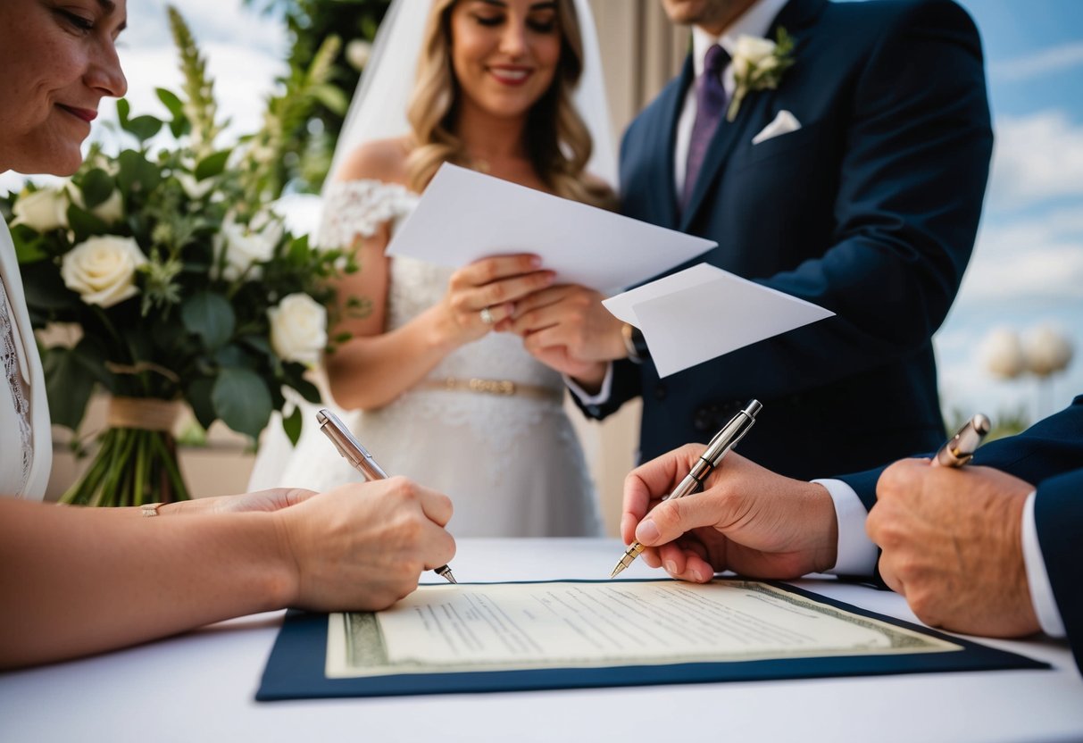 A marriage certificate being signed by two individuals with an officiant overseeing the process