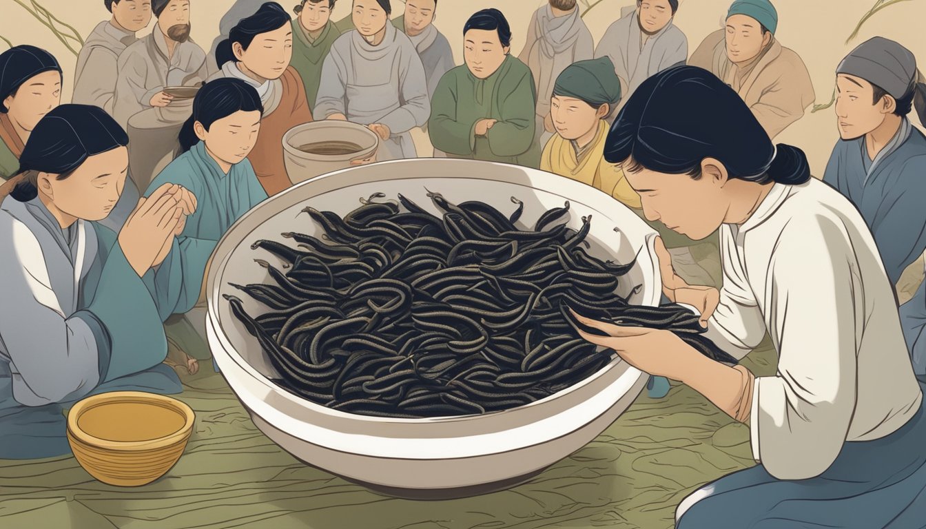 A person from a traditional culture holds a bowl of leeches, while others look on with curiosity and skepticism