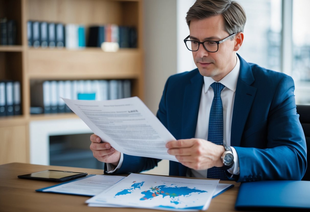 A government official reviewing legal documents and a map of the UK